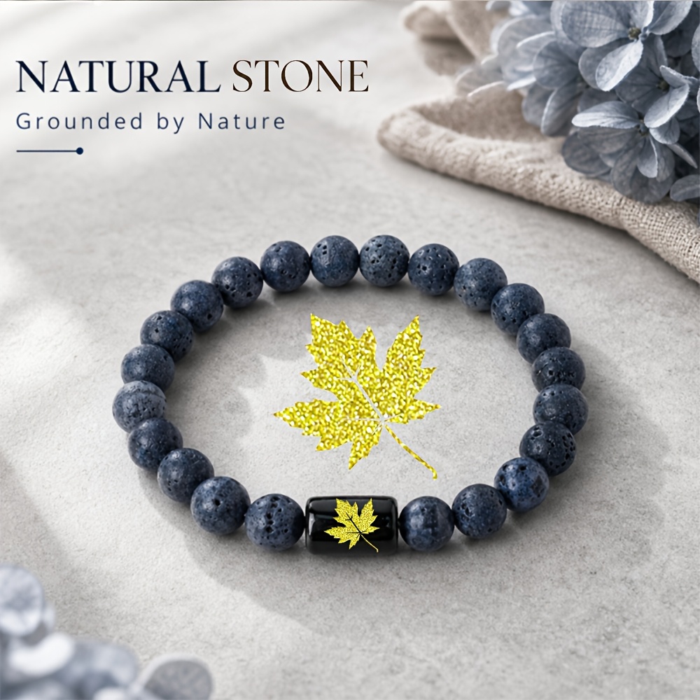 Women's Natural Stone Beaded Bracelet with Golden Leaf Accent